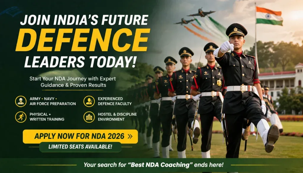 NDA coaching banner showing defence academy cadets marching with Indian flag promoting Brigadier Defence Academy admission 2026